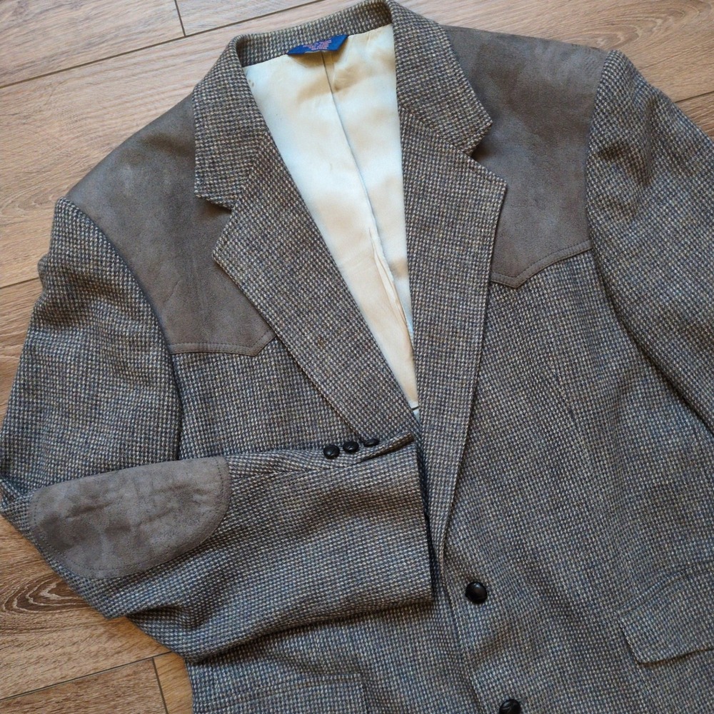 Vtg Pendleton Wool Tweed & Suede Elbows Blazer‎ Jacket Gray Western Wear 44 Long